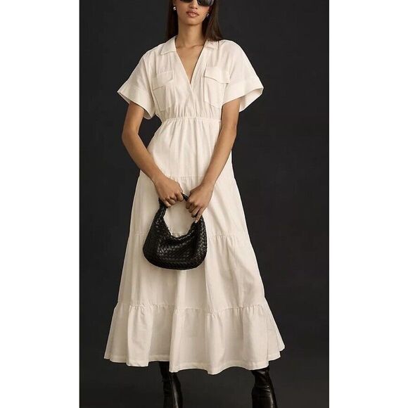 Anthropologie Maeve Short-Sleeve V-Neck Tiered Maxi Dress